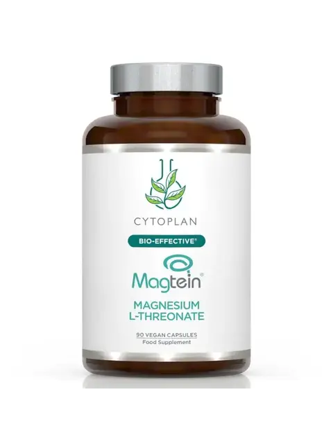 Cytoplan Magtein Magnesium L-Threonate, 90 vegan capsules, food supplement bottle.