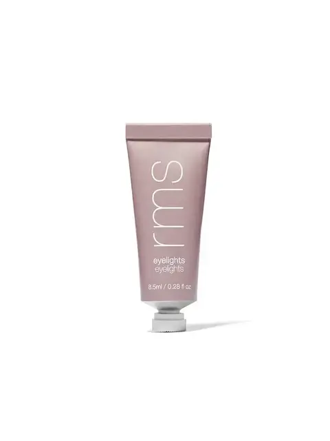 Pink tube of rms eyelights, 8.5ml, with white cap on white background.