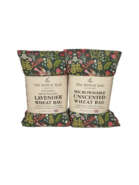 Two microwavable wheat bags: lavender and unscented, with floral patterns. Made in the UK.