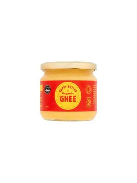 Jar of Happy Butter Organic Ghee with red and yellow label.