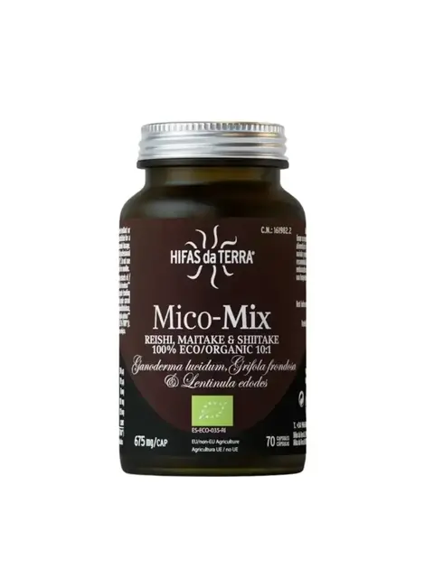 Hifas da Terra Mico-Mix bottle with Reishi, Maitake, Shiitake. 70 capsules, 675 mg each.