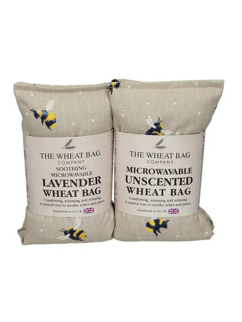 Two wheat bags with bee pattern, labelled lavender and unscented, handmade in the UK.