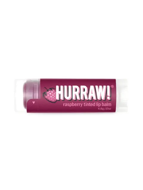 Hurraw! raspberry tinted lip balm, 4.8g tube with raspberry graphic.