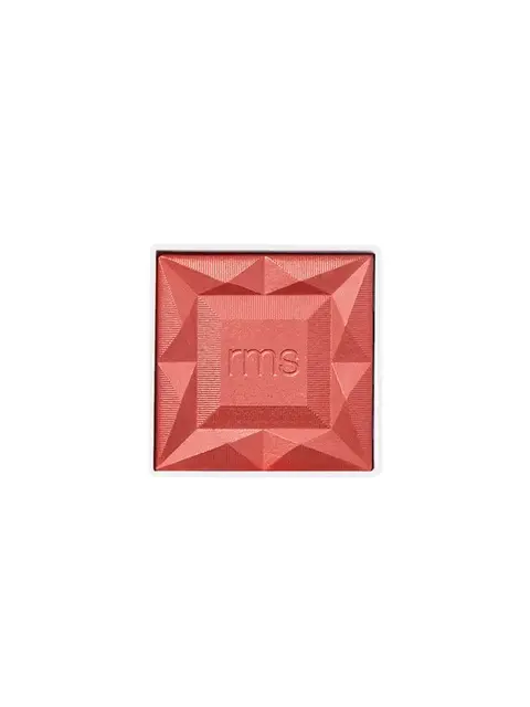 Square coral blush with embossed "rms" logo and geometric pattern.