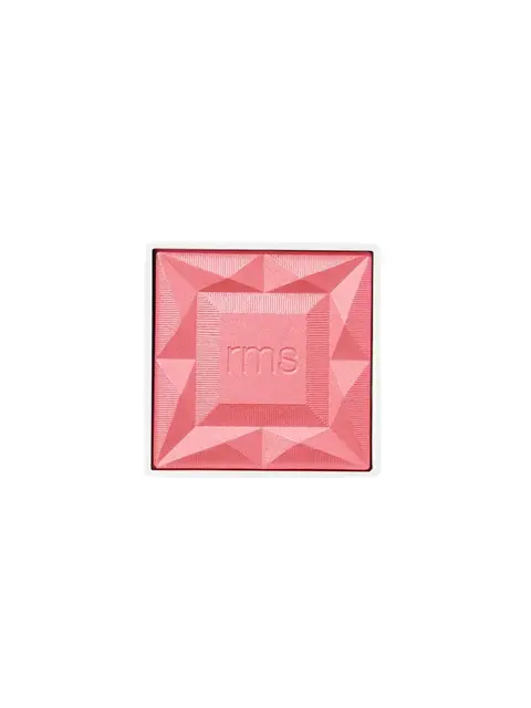 Square pink blush compact with "rms" embossed in the centre.