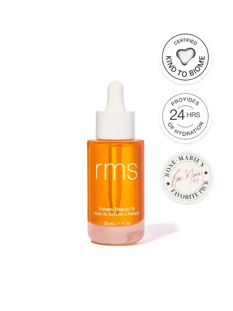 RMS Kakadu Beauty Oil, 30ml bottle, with certification and hydration badges.