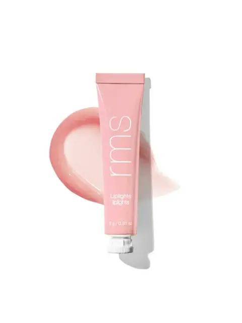 Pink tube of rms Liplights with a smear of pink gloss.