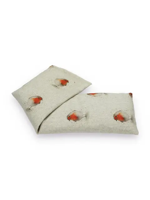 Two beige fabric sachets with red-breasted robin print.