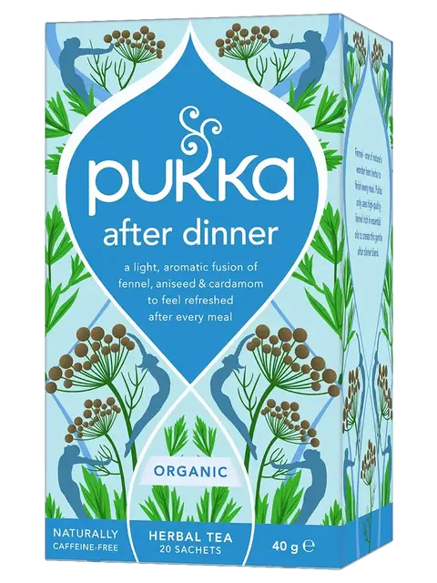 Pukka After Dinner herbal tea box with fennel, aniseed, and cardamom design. Organic, 20 sachets, 40g.