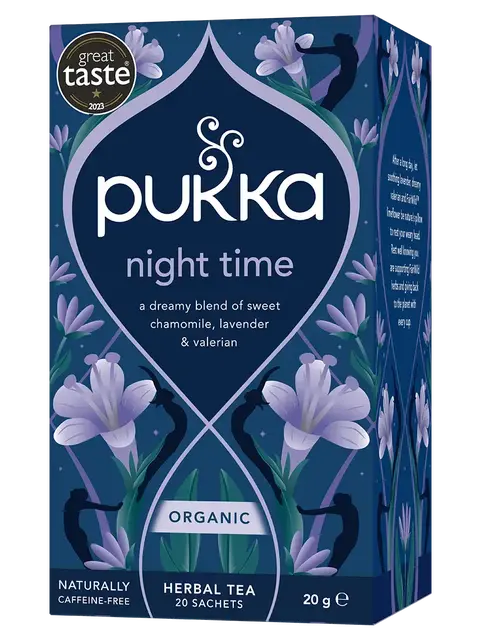 Pukka Night Time herbal tea box with chamomile, lavender, valerian. Organic, 20 sachets, 20g.