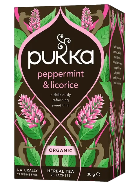 Pukka peppermint & licorice herbal tea box with pink flowers and green leaves design.