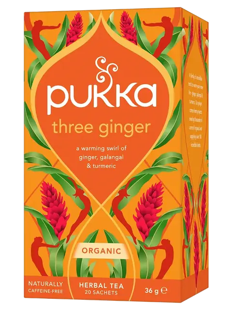 Pukka Three Ginger tea box with ginger, galangal, turmeric design. Contains 20 sachets, 36g.