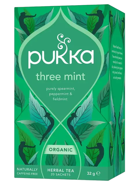 Pukka Three Mint tea box with spearmint, peppermint, fieldmint. Organic, 20 sachets, 32g.