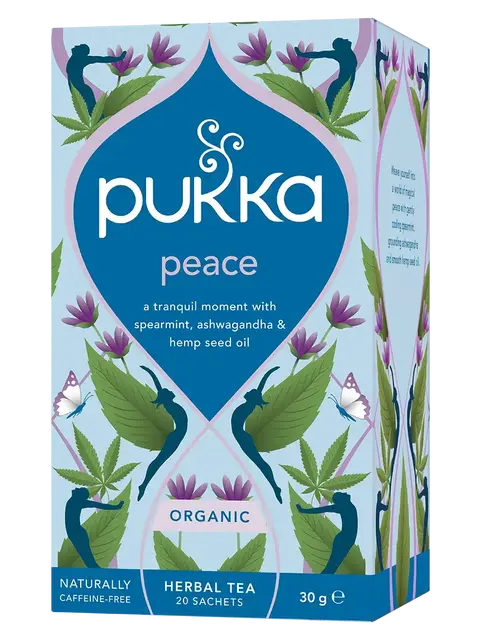 Pukka Peace herbal tea box with floral design, 20 sachets, 30g, organic, caffeine-free.