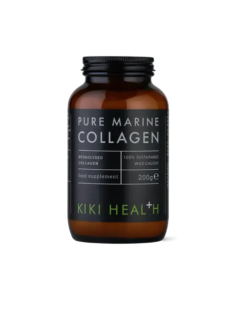 Brown jar labelled "Pure Marine Collagen" by Kiki Health, 200g food supplement.
