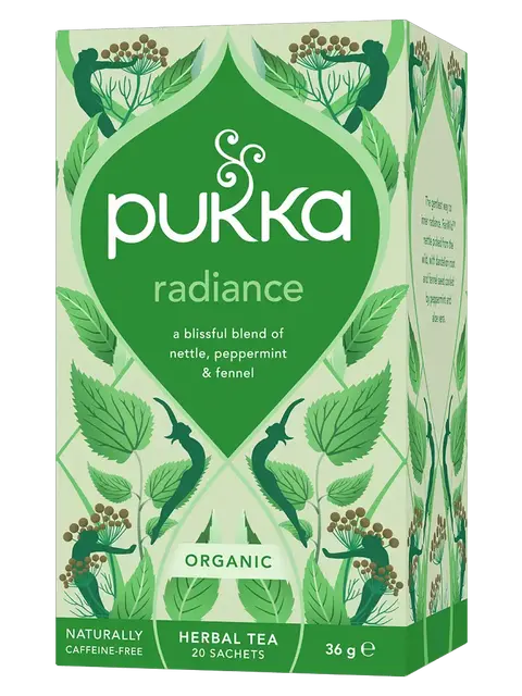 Pukka Radiance herbal tea box with nettle, peppermint, and fennel. Organic, 20 sachets, 36g.
