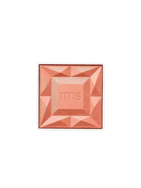 Square peach blush with embossed "rms" logo in centre. Geometric pattern design.