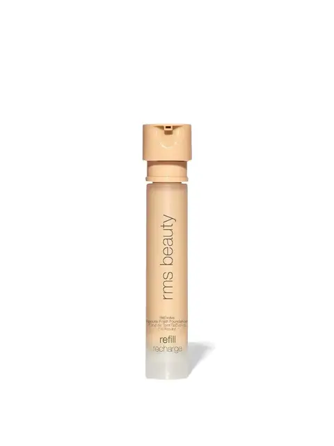 Beige cylindrical bottle with "rms beauty" text, labelled "refill recharge".
