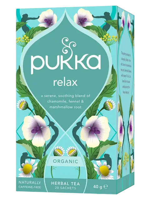Pukka Relax herbal tea box with chamomile, fennel, and marshmallow root design. 20 sachets, 40g.