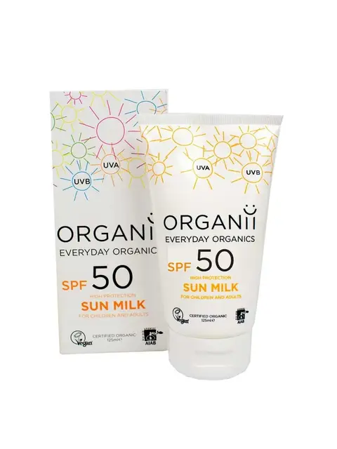 Organii SPF 50 Sun Milk, high protection, 125ml tube and box, vegan and organic certified.
