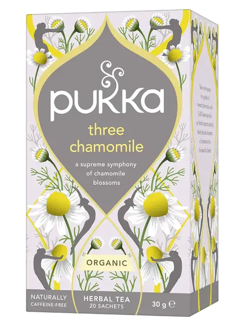 Pukka Three Chamomile tea box with chamomile flower design, 20 sachets, organic, caffeine-free.