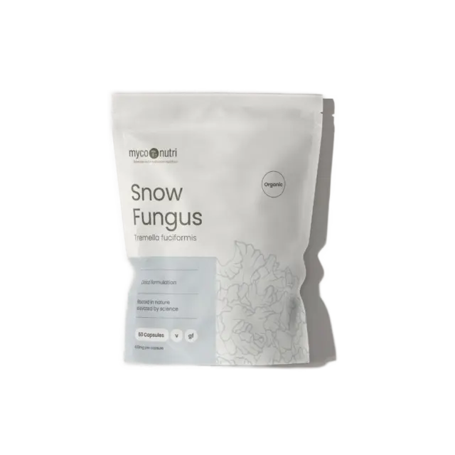 MycoNutri Snow Fungus supplement, 60 capsules, organic, vegan, gluten-free.