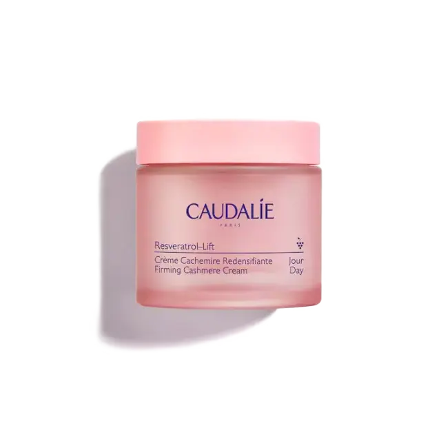 Caudalie Resveratrol-Lift Firming Cashmere Cream in a pink jar.