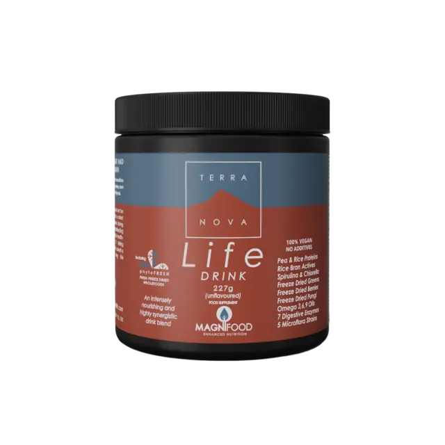 Terranova Life Drink, 227g, unflavoured, vegan, no additives, in a black container.