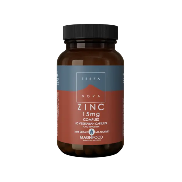 Brown bottle of Terra Nova Zinc Complex, 15mg, 50 vegetarian capsules.