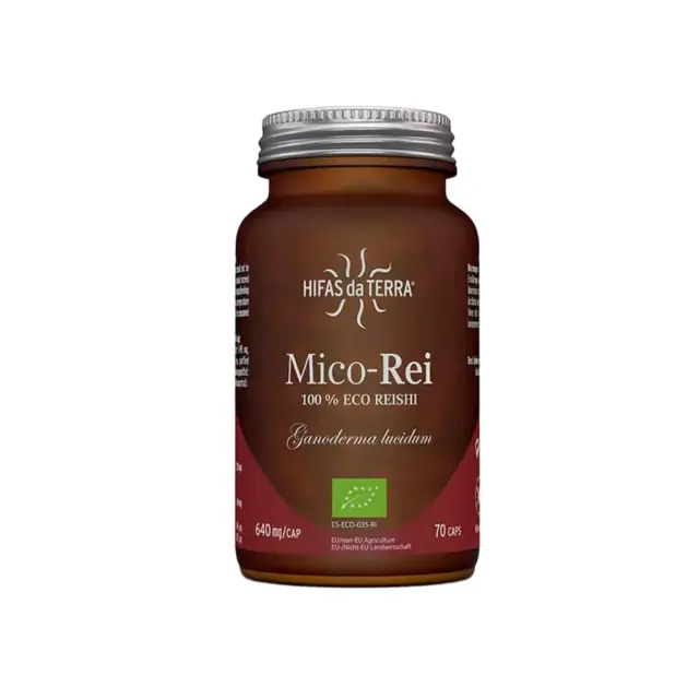 Hifas da Terra Mico-Rei supplement bottle, 70 capsules, 640 mg each.