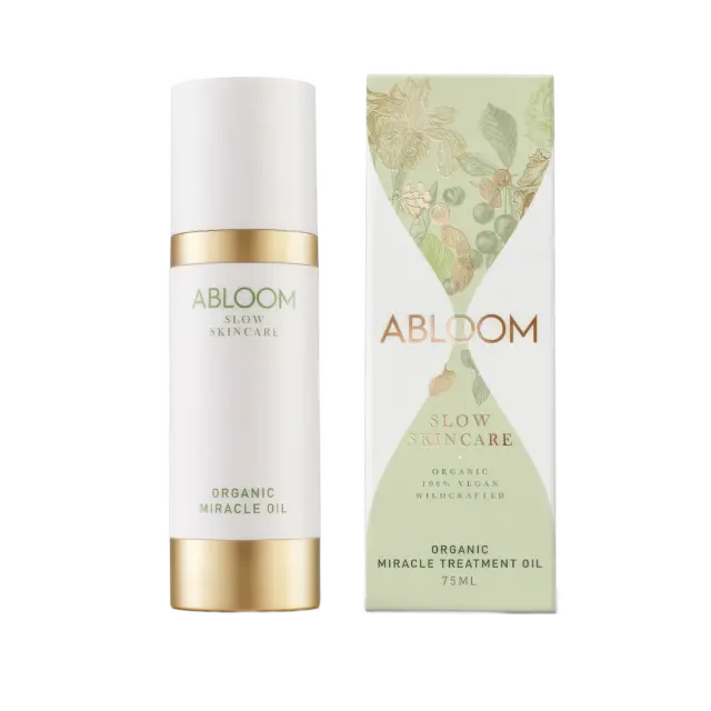 Abloom Slow Skincare Organic Miracle Oil bottle and box, 75ml.