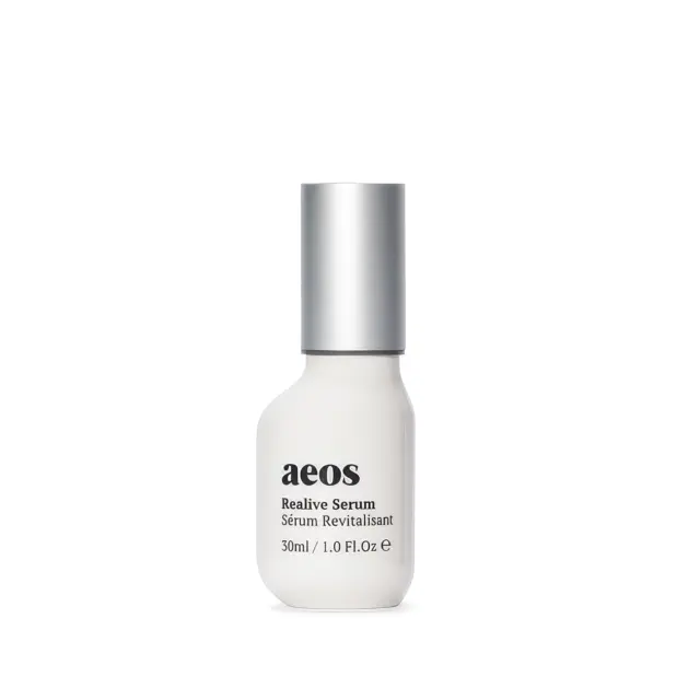 White bottle of aeos Realive Serum, 30ml, with a silver cap.
