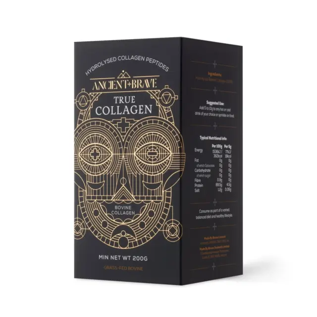 Black box of Ancient + Brave True Collagen, 200g, with gold geometric design.