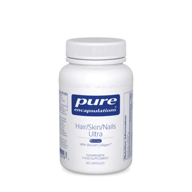 White bottle of Pure Encapsulations Hair/Skin/Nails Ultra, 60 capsules.