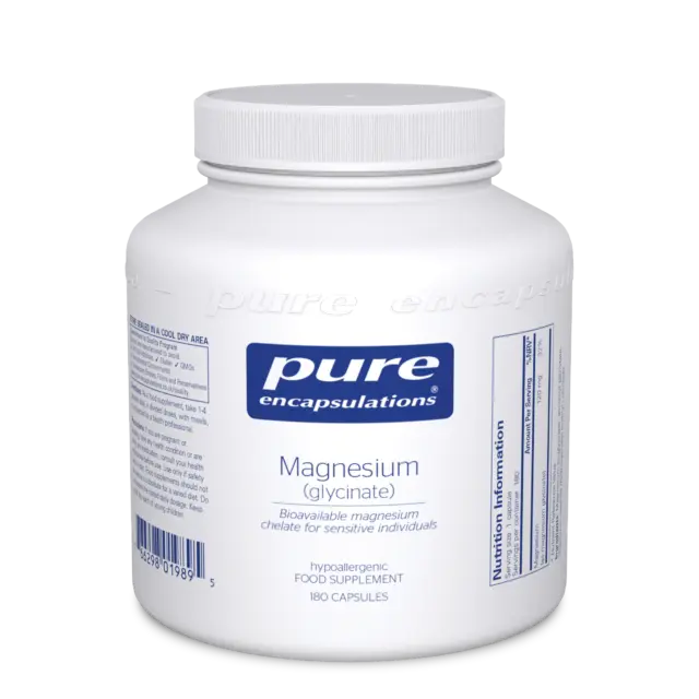 White bottle of Pure Encapsulations Magnesium Glycinate, 180 capsules.
