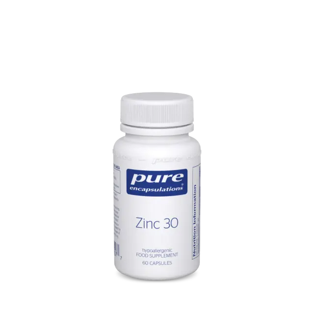 White bottle of Pure Encapsulations Zinc 30, 60 capsules, hypoallergenic food supplement.