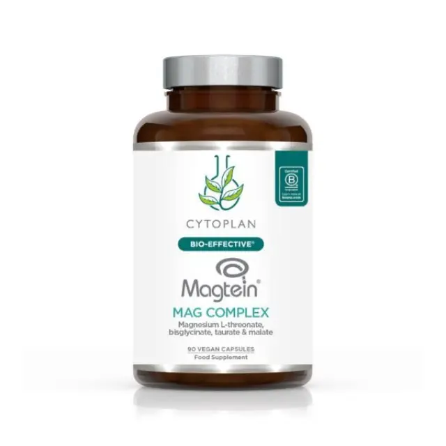 Cytoplan Magtein Mag Complex, 90 vegan capsules, magnesium supplement bottle.