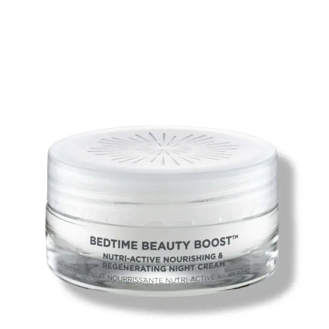 Bedtime Beauty Boost night cream in a clear jar with white lid.