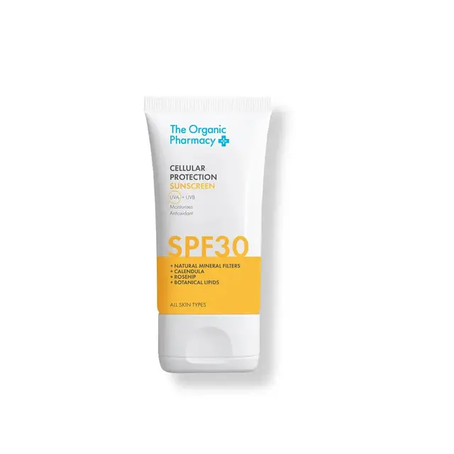 The Organic Pharmacy SPF 30 sunscreen tube, suitable for all skin types.