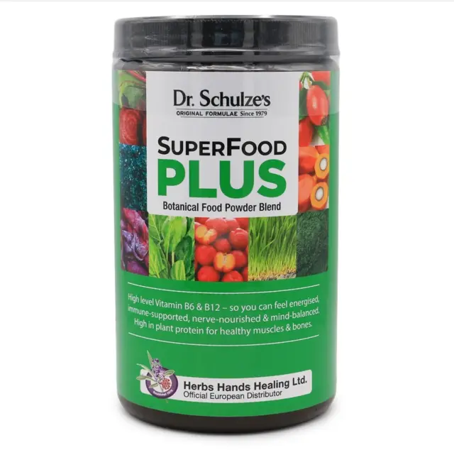 Dr. Schulze's SuperFood Plus botanical food powder blend container.
