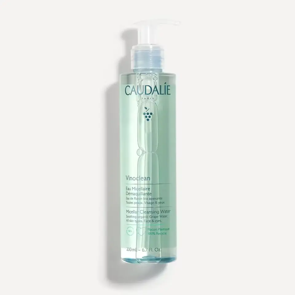 Caudalie Vinoclean Micellar Cleansing Water, 200ml bottle with pump dispenser.