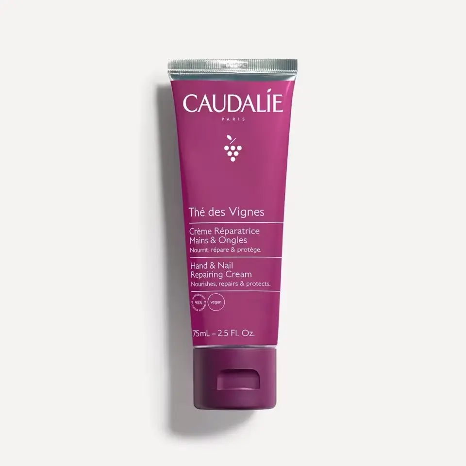 Caudalie Thé des Vignes Hand & Nail Repairing Cream, 75ml, vegan, purple tube.