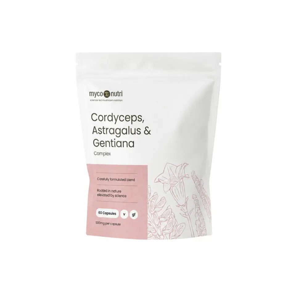 Cordyceps, Astragalus & Gentiana supplement, 60 capsules, 500mg per capsule, floral design.