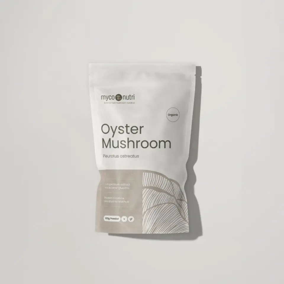 MycoNutri Oyster Mushroom powder, 100g, organic, in a white and beige resealable pouch.