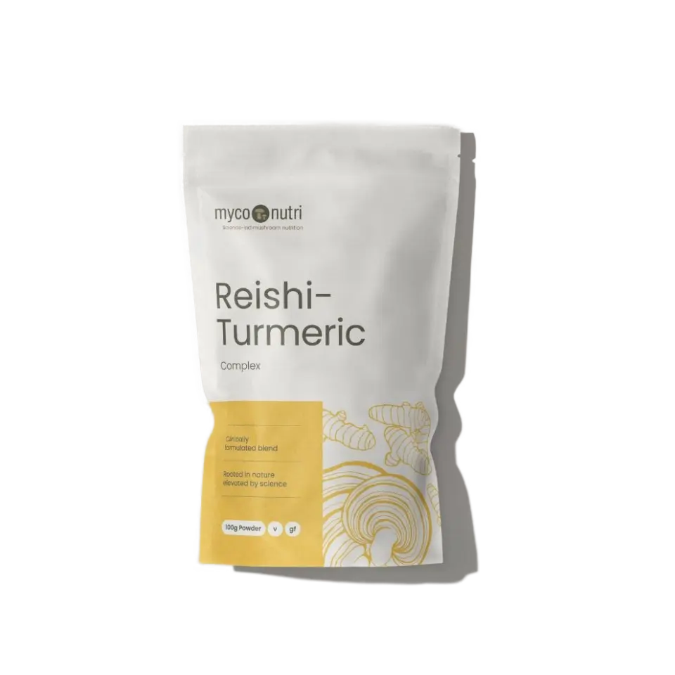 Reishi-Turmeric Complex powder in a white pouch with yellow design, 100g, gluten-free.