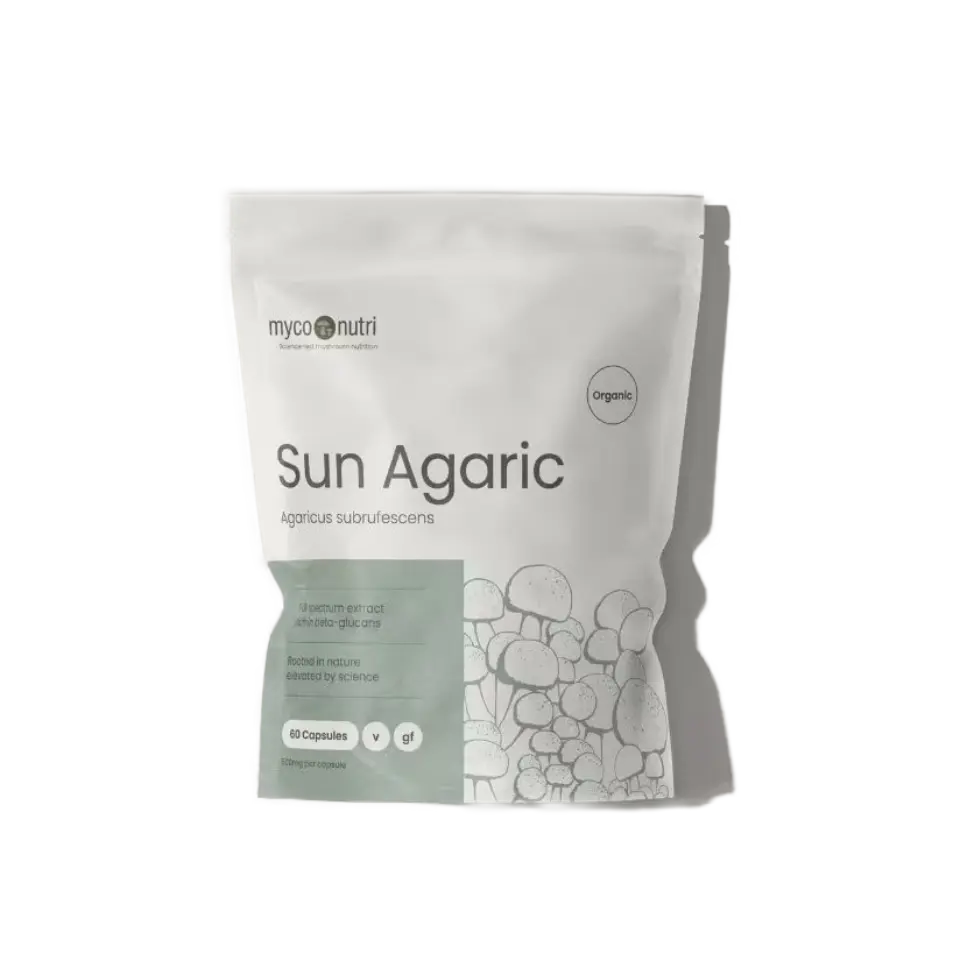Sun Agaric supplement pouch, 60 capsules, organic, Agaricus subrufescens.