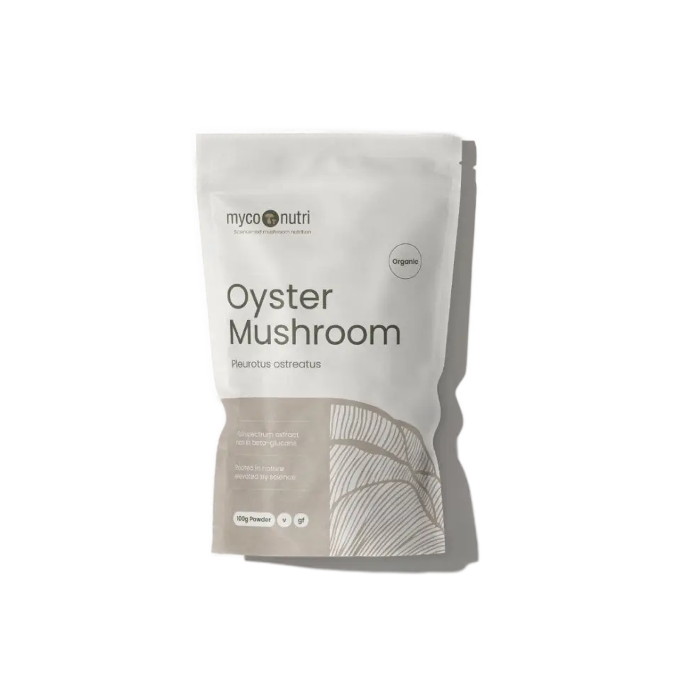 Oyster Mushroom powder, 100g, organic, in a resealable pouch.