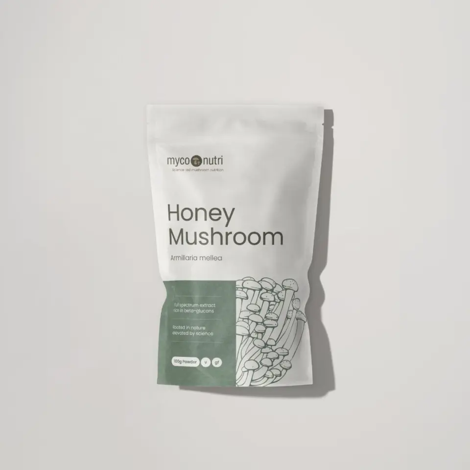 Honey Mushroom supplement pouch, 100g powder, gluten-free, with mushroom illustration.