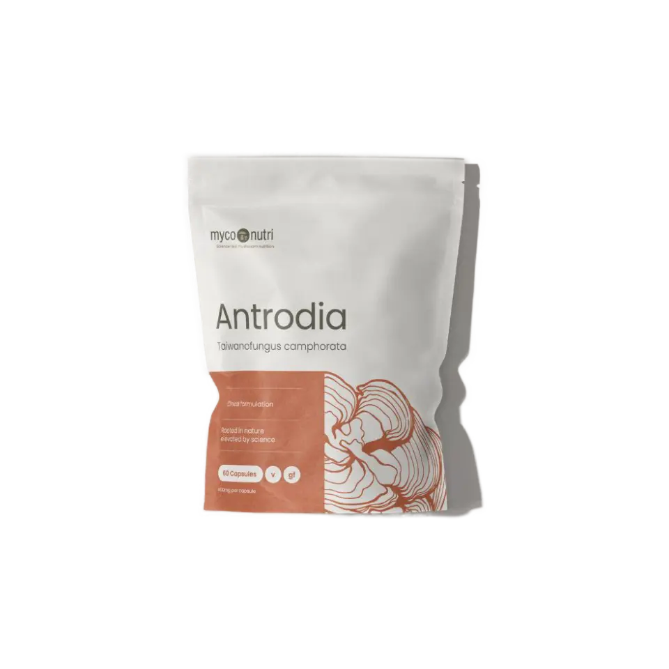 Antrodia Taiwanofungus camphorata supplement, 60 capsules, in a white and orange pouch.