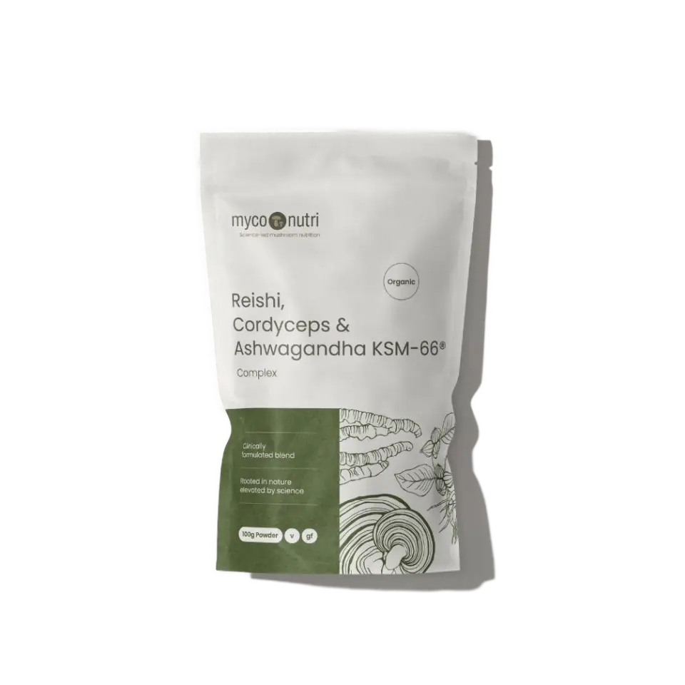 White pouch of Reishi, Cordyceps, and Ashwagandha KSM-66 powder, 100g, organic.